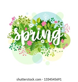 Spring background with green leaves and flowers. Season sale vector label. Foliage lettering. Flower illustration. Spring poster.