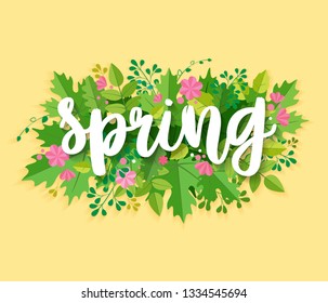 Spring background with green leaves and flowers. Season sale vector label. Foliage lettering. Flower illustration. Spring poster.