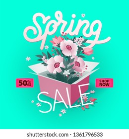 Spring background with green leaves and flowers on trendy geometric backdrop. Vector illustration. Fresh template design for posters, flyers or vouchers.