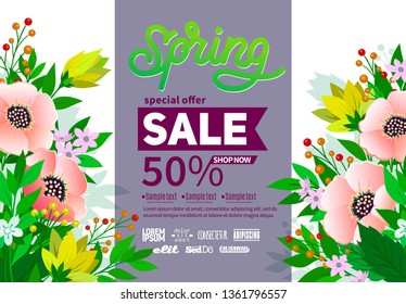 Spring background with green leaves and flowers on trendy geometric backdrop. Vector illustration. Fresh template design for posters, flyers or vouchers.