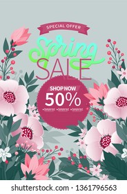 Spring background with green leaves and flowers on trendy geometric backdrop. Vector illustration. Fresh template design for posters, flyers or vouchers.