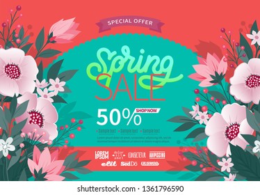 Spring background with green leaves and flowers on trendy geometric backdrop. Vector illustration. Fresh template design for posters, flyers or vouchers.