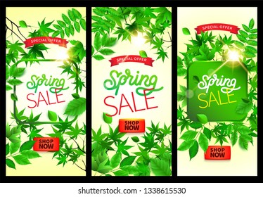 Spring background with green leaves and frame on trendy geometric backdrop. Vector illustration. Fresh template design for posters, flyers, brochures or vouchers.