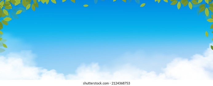 Spring background green leaves frame on blue sky over fluffy cloud background, Vector cartoon horizon banner with copy space of Sunny day on morning, Backdrop for Easter, Hello Spring, Summer Holiday