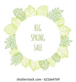 Spring background with green leaves. Hand-drawn doodle vector illustration.