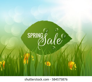 Spring background with green leaves and morning dew. Vector eps10.