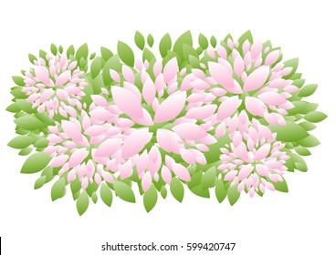 Spring background with green leaves and pink flowers. Vector illustration. 
