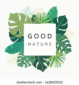Spring background with green leaves and square frame on trendy geometric backdrop. Vector illustration