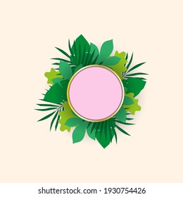 Spring background with green leaves and square frame on trendy geometric backdrop. Vector illustration