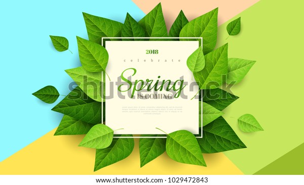 春の背景に緑の葉と トレンディな幾何学的な背景 に四角い枠 ベクターイラスト ポスター チラシ パンフレット または伝票用の新しいテンプレートデザイン のベクター画像素材 ロイヤリティフリー