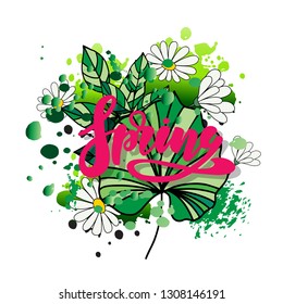 Spring background with green leaves . Vector illustration. Fresh template design for posters, flyers, brochures or vouchers
