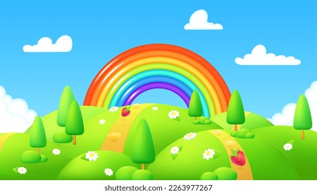 Spring background. Green meadow with chamomile flowers, trees. Cartoon beautiful summer valley landscape with blue sky and rainbow. Children's game pick strawberries. 3d scene vibrant green hills.