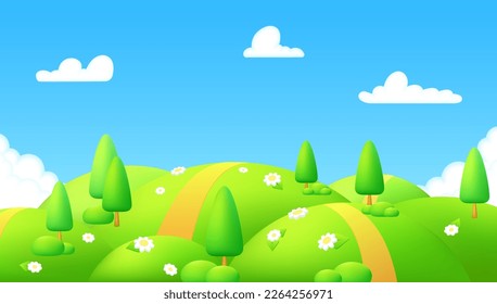 Spring background. Green meadow with chamomile flowers, trees. Cartoon illustration of beautiful summer valley landscape with blue sky. Children's game area. 3d horizontal scene vibrant green hills.