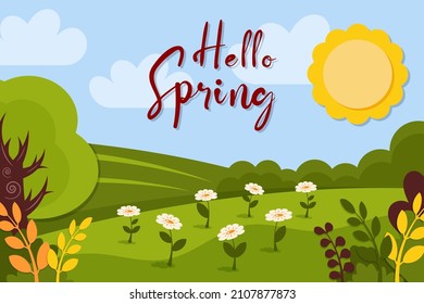 Spring background. Green meadow, сamomile, daisy flowers, foliage, trees, sky, cloud, grass. Nature landscape template. Summer spring design for banner, poster, greeting card. Vector cartoon style