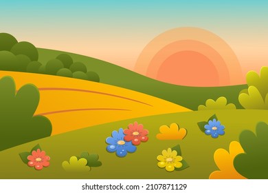 Spring background. Green meadow, flowers, foliage, trees, sky, cloud, sun, grass.  Nature landscape template.  Summer spring design  for banner, Poster, card. Vector cartoon style