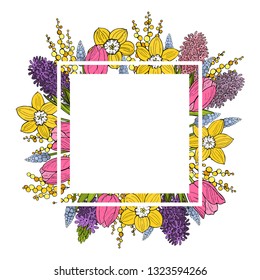 Spring background with  hand drawn  flowers. Tulips and hyacinths. Vector sketch  illustration.
