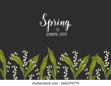 Spring background with hand drawn flowers lilies of the valley on black. can be used for wallpaper, web page background, surface textures. Vector engraving illustration. 