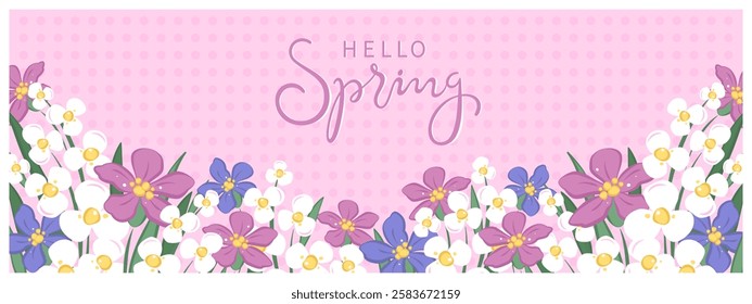 Spring background with hand drawn flowers. Floral template design for holiday card, poster,  poster, cover, sale, Mother's Day, Easter, Birthday. 
Vector illustration 