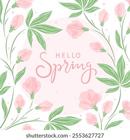 Spring background with hand drawn pink flowers. Hello Spring lettering.  Vector illustration for card, banner, invitation, poster, cover, sale.
