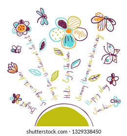 Spring background. Hand-drawn flowers with bee, dragonfly, butterfly. Design for card, posters, t-shirts, advertisement. Floral design and doodle elements. Vector illustration