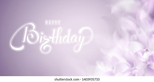 Spring background with Happy Birthday text, blurred flower petals and feathers vector illustration