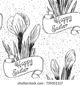 Spring background. Happy Easter! Vector ornate seamless  patterns of crocus at retro engraving style.