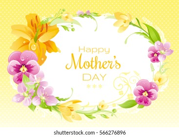 Spring  background. Happy Mothers day flyer. Flower frame lily, pansy, crocus, cherry. Isolated wreath. Nature border, flat vector illustration. Cute mom banner. Mother greeting card text lettering