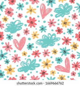 Spring background with hearts, clouds and flowers. Seamless pattern in pastel colors.