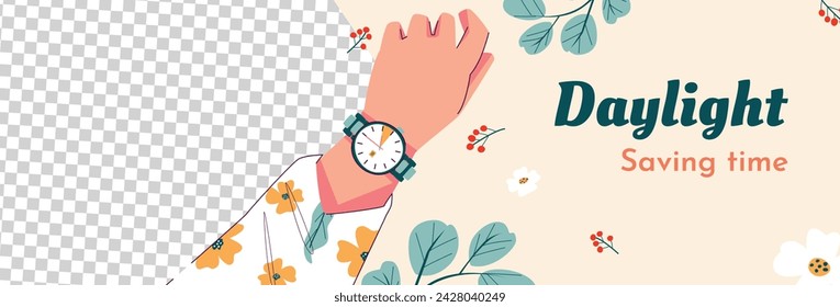 Fondo de primavera. Hola temporada de primavera. Diseño de ilustración vectorial de dibujos animados para póster, pancarta, volante, saludo, tarjeta, cubierta, correo, promoción. hermosas y coloridas plantas, hojas y flores.