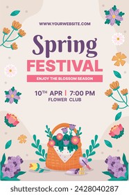 Fondo de primavera. Hola temporada de primavera. Diseño de ilustración vectorial de dibujos animados para póster, pancarta, volante, saludo, tarjeta, cubierta, correo, promoción. hermosas y coloridas plantas, hojas y flores.