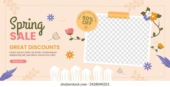 Spring Background. Hello Spring season. Cartoon Vector illustration design for Poster, Banner, Flyer, Greeting, Card, Cover, Post, Promotion. beautiful and colorful plants, leaves and flowers.