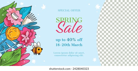 Spring Background. Hello Spring season. Cartoon Vector illustration design for Poster, Banner, Flyer, Greeting, Card, Cover, Post, Promotion. beautiful and colorful plants, leaves and flowers.