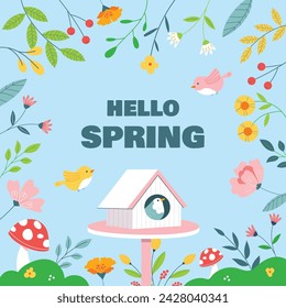 Fondo de primavera. Hola temporada de primavera. Diseño de ilustración vectorial de dibujos animados para póster, pancarta, volante, saludo, tarjeta, cubierta, correo, promoción. hermosas y coloridas plantas, hojas y flores.