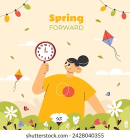 Spring Background. Hello Spring season. Cartoon Vector illustration design for Poster, Banner, Flyer, Greeting, Card, Cover, Post, Promotion. beautiful and colorful plants, leaves and flowers.
