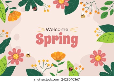 Frühlingshintergrund Hallo Frühlingssaison. Cartoon Vektor Illustration Design für Poster, Banner, Flyer, Gruß, Karte, Cover, Post, Promotion. schöne und bunte Pflanzen, Blätter und Blumen.