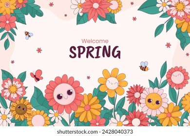 Fondo de primavera. Hola temporada de primavera. Diseño de ilustración vectorial de dibujos animados para póster, pancarta, volante, saludo, tarjeta, cubierta, correo, promoción. hermosas y coloridas plantas, hojas y flores.