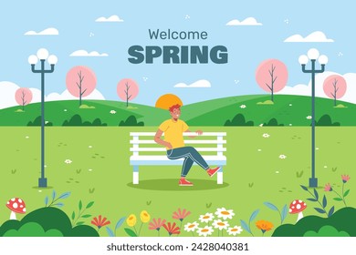 Fondo de primavera. Hola temporada de primavera. Diseño de ilustración vectorial de dibujos animados para póster, pancarta, volante, saludo, tarjeta, cubierta, correo, promoción. hermosas y coloridas plantas, hojas y flores.