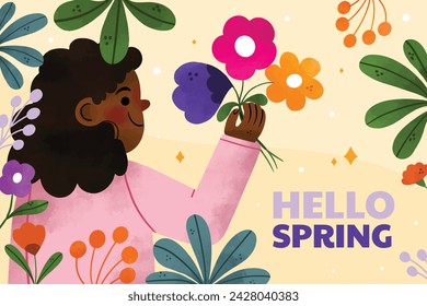 Fondo de primavera. Hola temporada de primavera. Diseño de ilustración vectorial de dibujos animados para póster, pancarta, volante, saludo, tarjeta, cubierta, correo, promoción. hermosas y coloridas plantas, hojas y flores.
