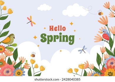 Spring Background. Hello Spring season. Cartoon Vector illustration design for Poster, Banner, Flyer, Greeting, Card, Cover, Post, Promotion. beautiful and colorful plants, leaves and flowers.