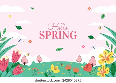 Spring Background. Hello Spring season. Cartoon Vector illustration design for Poster, Banner, Flyer, Greeting, Card, Cover, Post, Promotion. beautiful and colorful plants, leaves and flowers.