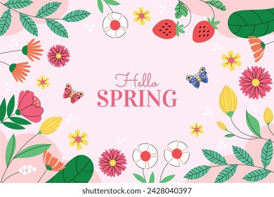 Fondo de primavera. Hola temporada de primavera. Diseño de ilustración vectorial de dibujos animados para póster, pancarta, volante, saludo, tarjeta, cubierta, correo, promoción. hermosas y coloridas plantas, hojas y flores.