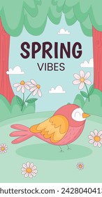 Fondo de primavera. Hola temporada de primavera. Diseño de ilustración vectorial de dibujos animados para póster, pancarta, volante, saludo, tarjeta, cubierta, correo, promoción. hermosas y coloridas plantas, hojas y flores.