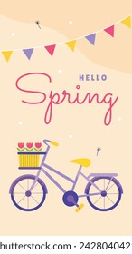 Frühlingshintergrund Hallo Frühlingssaison. Cartoon Vektor Illustration Design für Poster, Banner, Flyer, Gruß, Karte, Cover, Post, Promotion. schöne und bunte Pflanzen, Blätter und Blumen.
