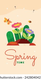 Fondo de primavera. Hola temporada de primavera. Diseño de ilustración vectorial de dibujos animados para póster, pancarta, volante, saludo, tarjeta, cubierta, correo, promoción. hermosas y coloridas plantas, hojas y flores.