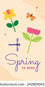 Spring Background. Hello Spring season. Cartoon Vector illustration design for Poster, Banner, Flyer, Greeting, Card, Cover, Post, Promotion. beautiful and colorful plants, leaves and flowers.