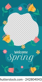 Spring Background. Hello Spring season. Cartoon Vector illustration design for Poster, Banner, Flyer, Greeting, Card, Cover, Post, Promotion. beautiful and colorful plants, leaves and flowers.