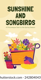 Spring Background. Hello Spring season. Cartoon Vector illustration design for Poster, Banner, Flyer, Greeting, Card, Cover, Post, Promotion. beautiful and colorful plants, leaves and flowers.