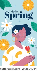 Frühlingshintergrund Hallo Frühlingssaison. Cartoon Vektor Illustration Design für Poster, Banner, Flyer, Gruß, Karte, Cover, Post, Promotion. schöne und bunte Pflanzen, Blätter und Blumen.