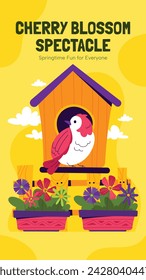 Spring Background. Hello Spring season. Cartoon Vector illustration design for Poster, Banner, Flyer, Greeting, Card, Cover, Post, Promotion. beautiful and colorful plants, leaves and flowers.