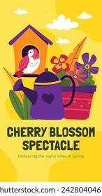Spring Background. Hello Spring season. Cartoon Vector illustration design for Poster, Banner, Flyer, Greeting, Card, Cover, Post, Promotion. beautiful and colorful plants, leaves and flowers.